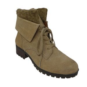 Lucky Brand Huntress Brown Sude Sweater Trim Heeled Utility Ankle Boots